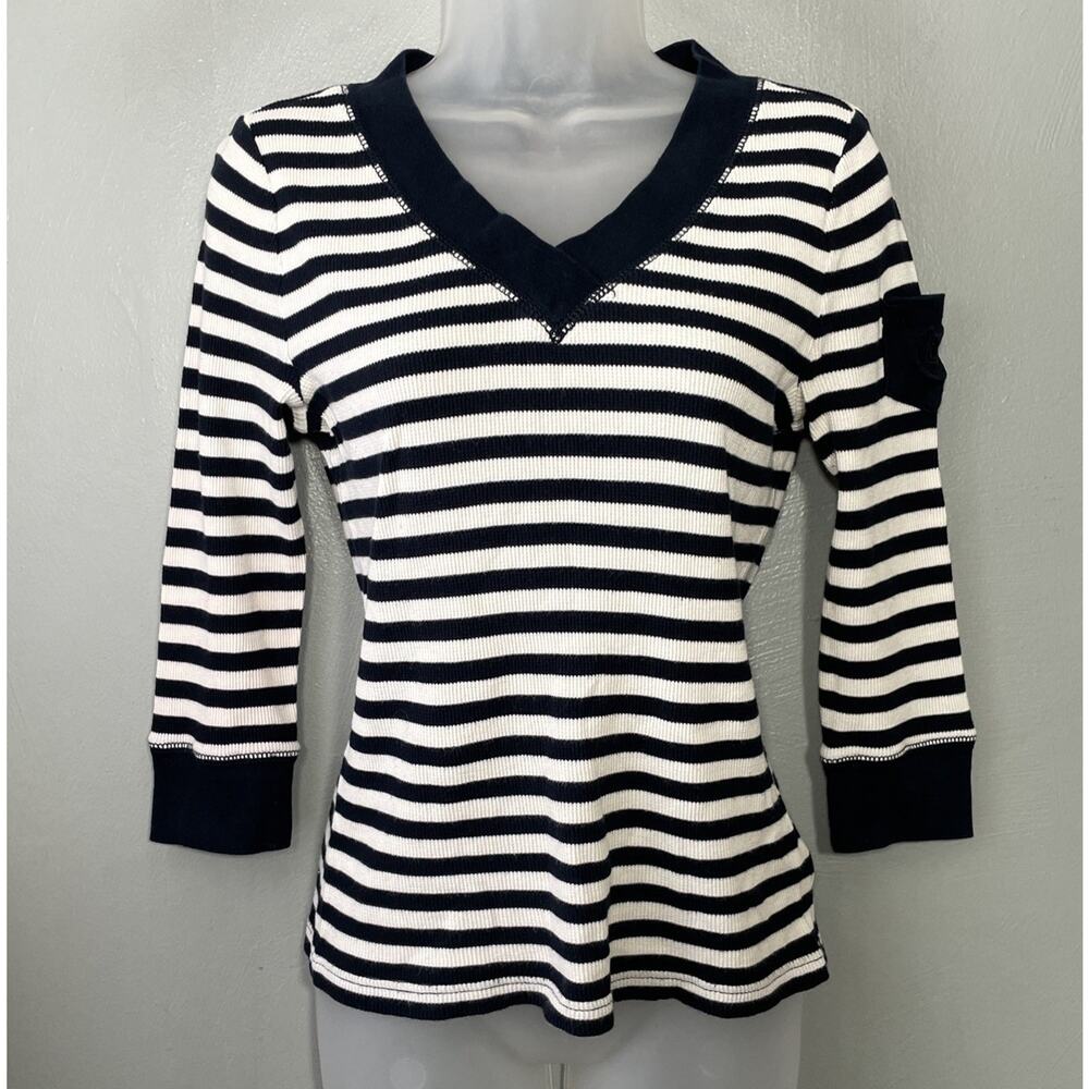 Chaps Y2K Top Size S Navy Striped Thermal Waffle Knit Preppy Chic Bella Swan